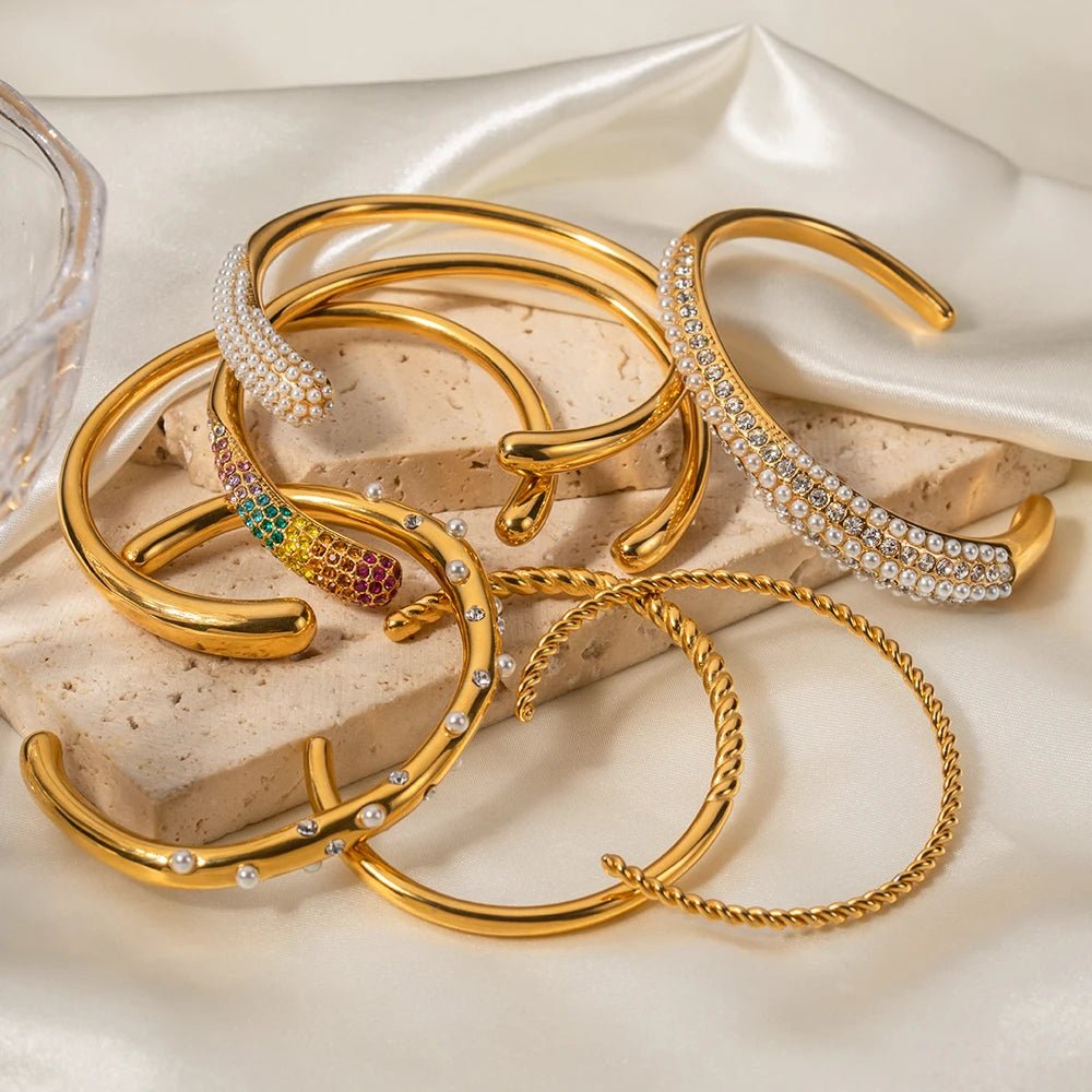 18K Gold Color Waterproof Stainless Steel Cuff Open Bracelet Bangle - WS JewelleryStainless Steel