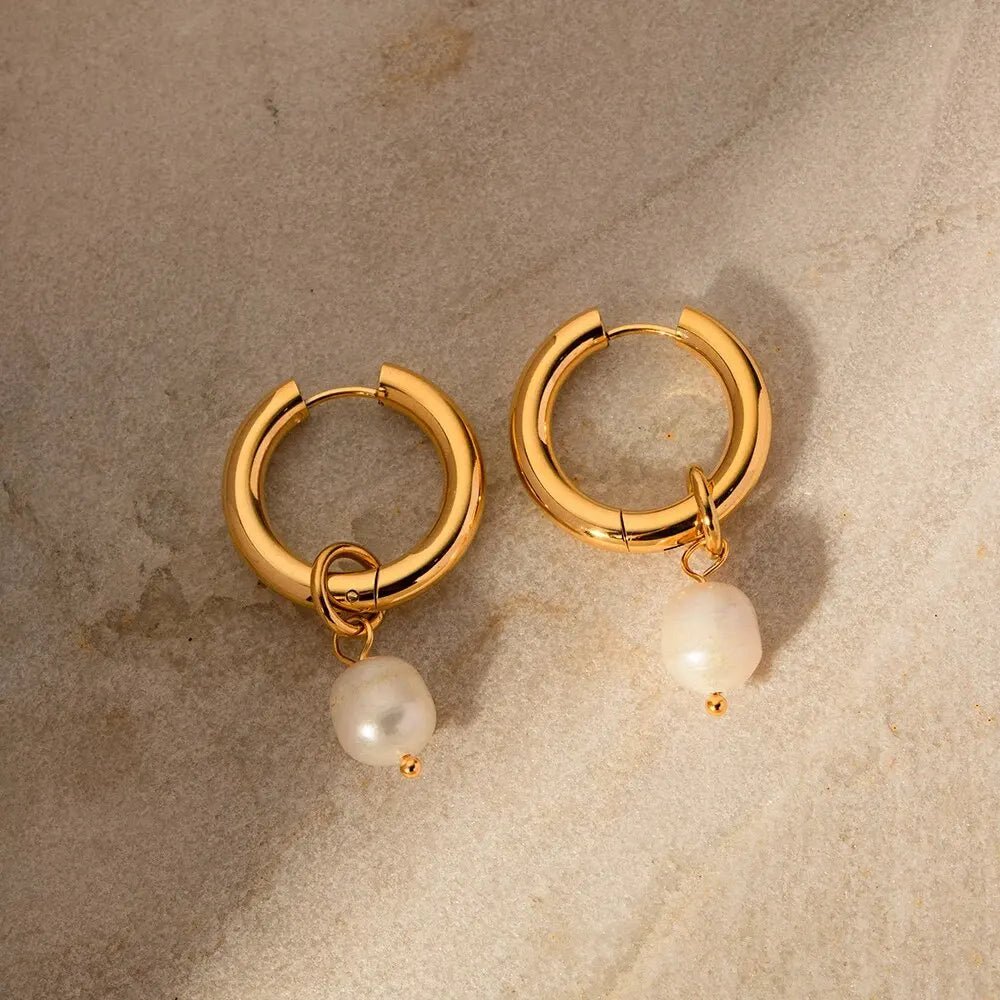18k GP Stainless Steel Freshwater Pearl Pendant Huggie Earrings - WS JewelleryStainless Steel