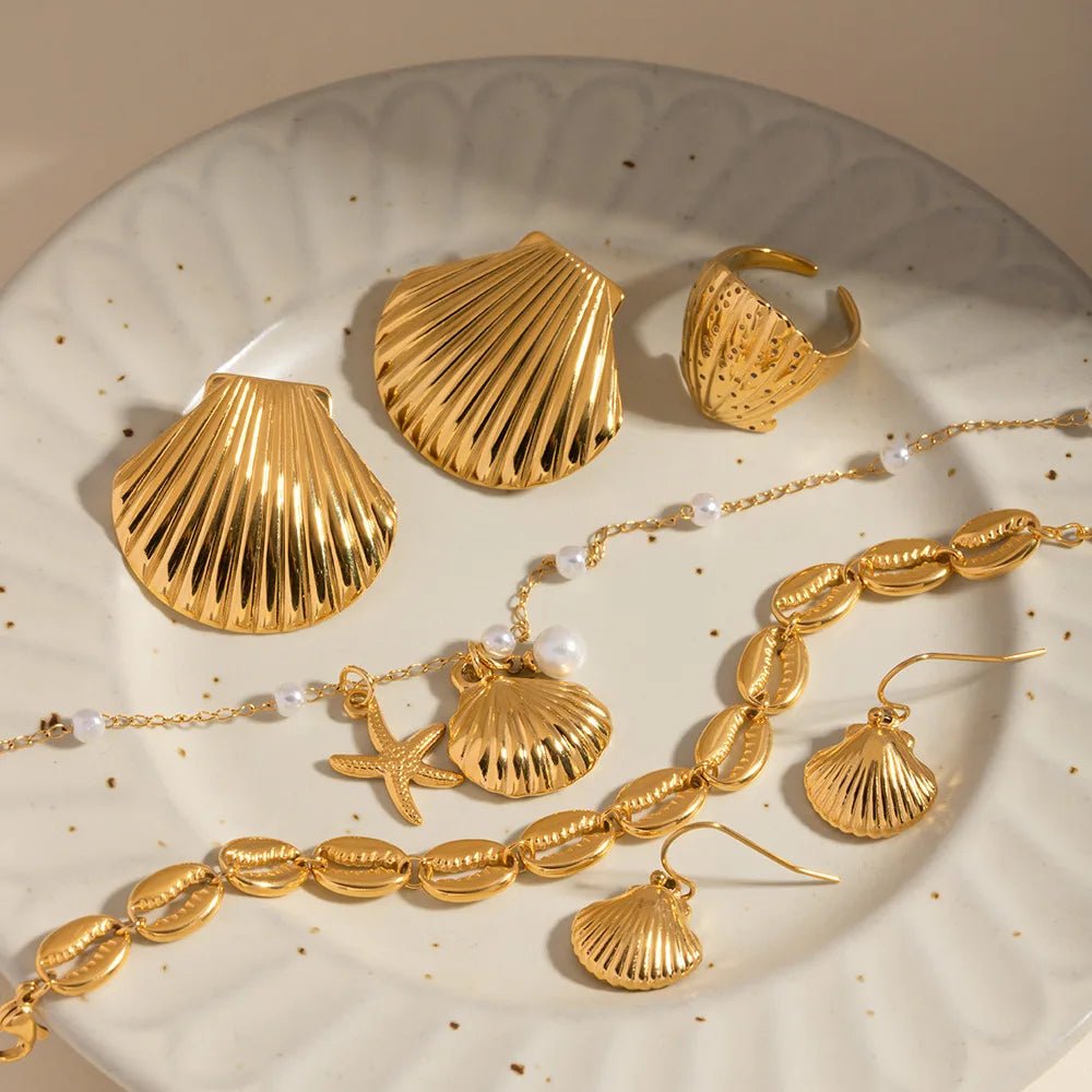 18K GP Stainless Steel Texture Scallop Conch Shell Shape Beach Necklace Earring Set - WS JewelleryStainless Steel