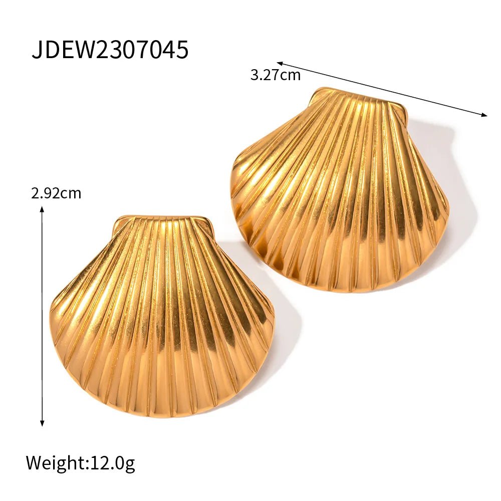 18K GP Stainless Steel Texture Scallop Conch Shell Shape Beach Necklace Earring Set - WS JewelleryStainless Steel