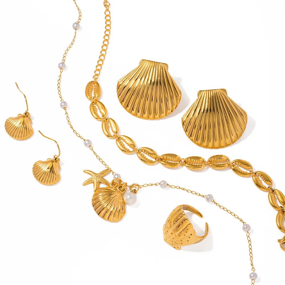 18K GP Stainless Steel Texture Scallop Conch Shell Shape Beach Necklace Earring Set - WS JewelleryStainless Steel