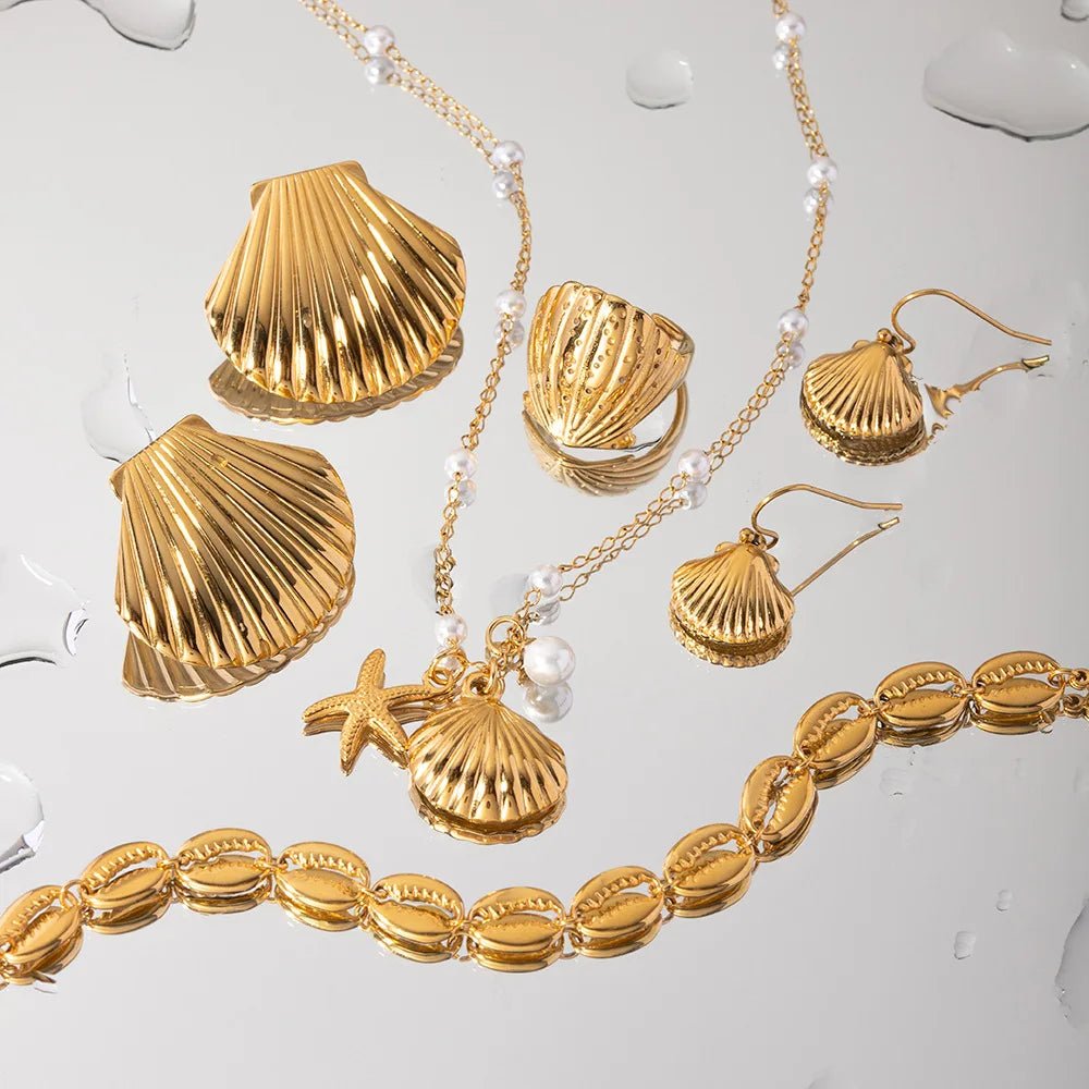 18K GP Stainless Steel Texture Scallop Conch Shell Shape Beach Necklace Earring Set - WS JewelleryStainless Steel