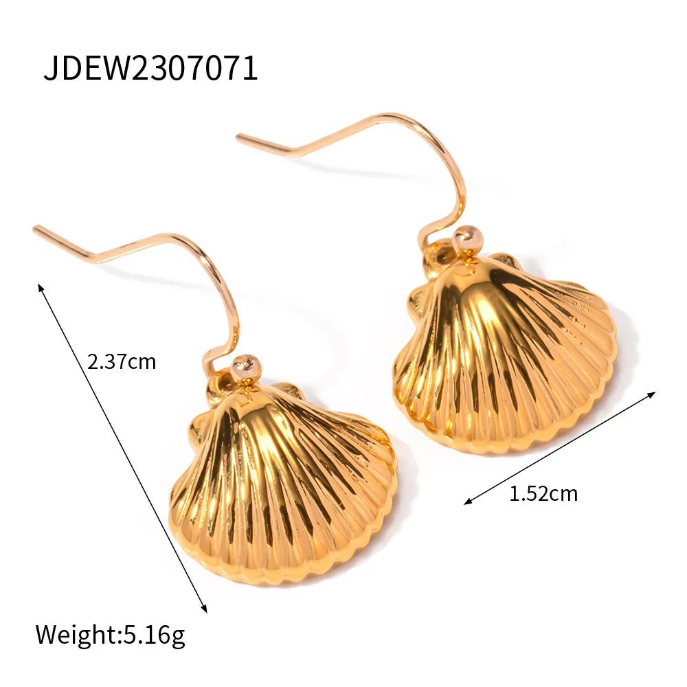 18K GP Stainless Steel Texture Scallop Conch Shell Shape Beach Necklace Earring Set - WS JewelleryStainless Steel