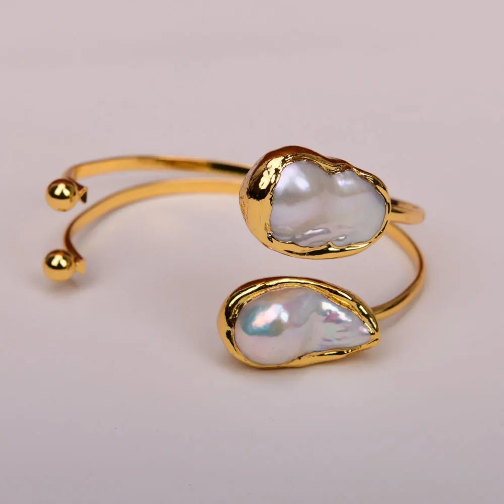 Bracelets2 Rows White Pearl 24 K Gold Plated Bangle Bracelet - WS JewelleryBraceletGold Plated BraceletNatural Stone Bracelet