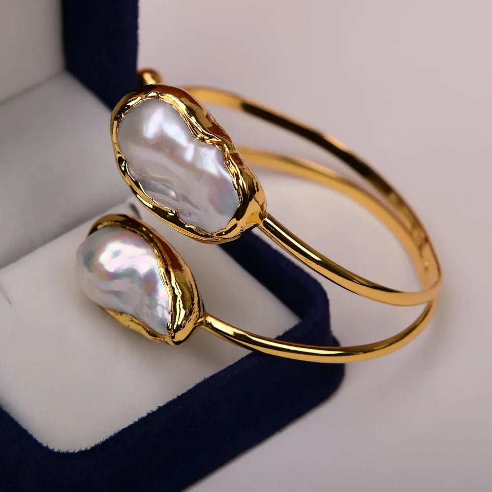 Bracelets2 Rows White Pearl 24 K Gold Plated Bangle Bracelet - WS JewelleryBraceletGold Plated BraceletNatural Stone Bracelet