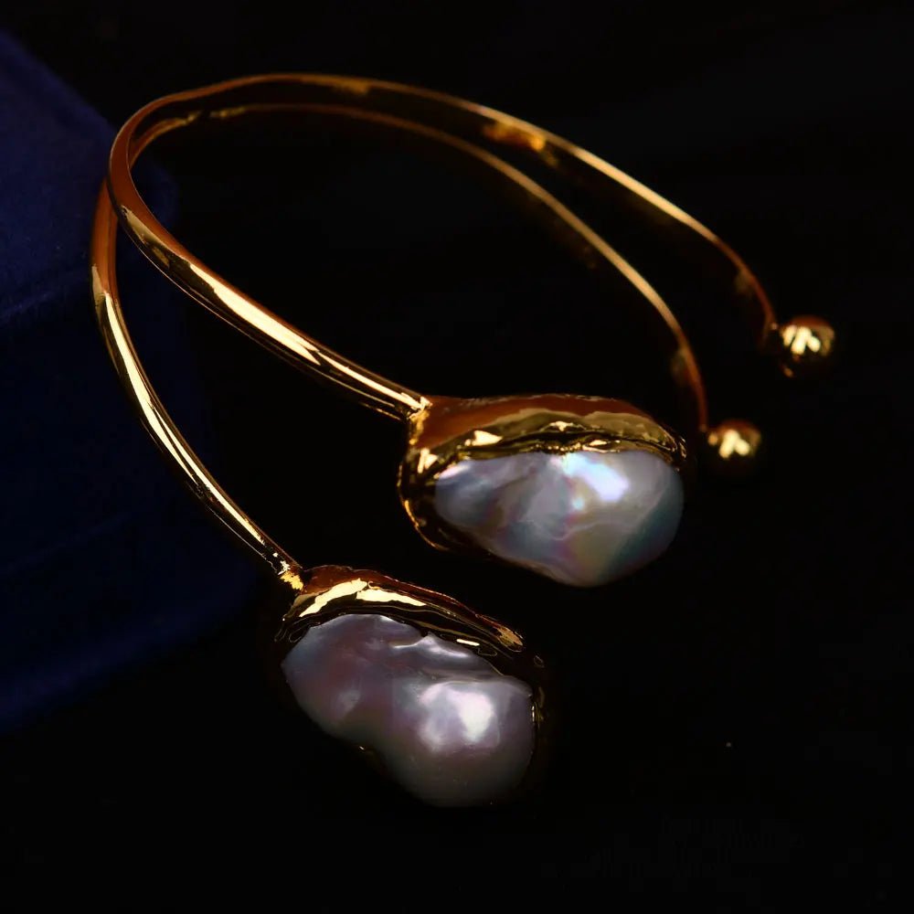 Bracelets2 Rows White Pearl 24 K Gold Plated Bangle Bracelet - WS JewelleryBraceletGold Plated BraceletNatural Stone Bracelet