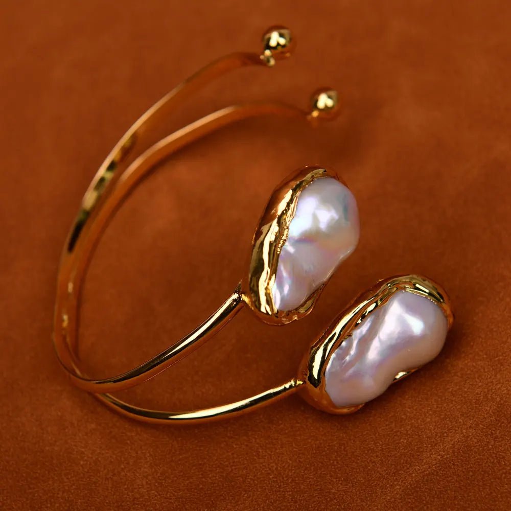 Bracelets2 Rows White Pearl 24 K Gold Plated Bangle Bracelet - WS JewelleryBraceletGold Plated BraceletNatural Stone Bracelet