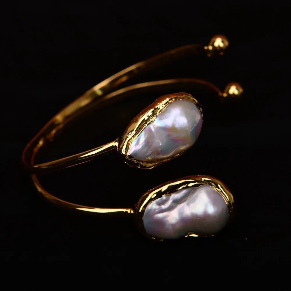 Bracelets2 Rows White Pearl 24 K Gold Plated Bangle Bracelet - WS JewelleryBraceletGold Plated BraceletNatural Stone Bracelet