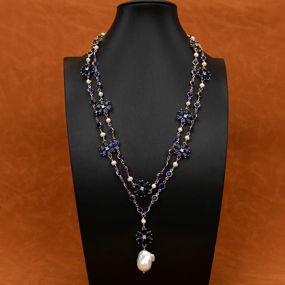 Necklaces2 Rows White Pearl Blue Crystal Flower Necklace - WS JewelleryNatural Stone ColelctionNatural Stone NecklaceNecklace