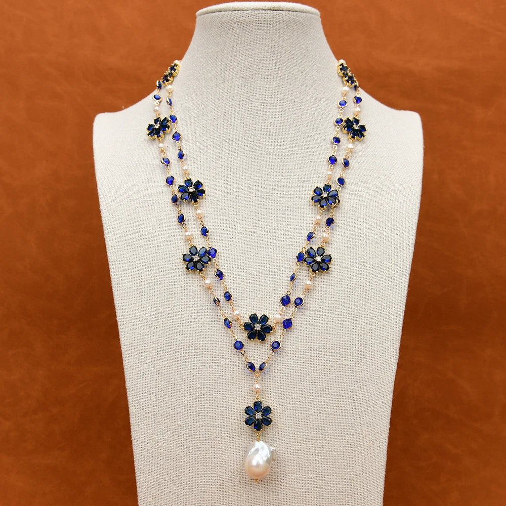 Necklaces2 Rows White Pearl Blue Crystal Flower Necklace - WS JewelleryNatural Stone ColelctionNatural Stone NecklaceNecklace