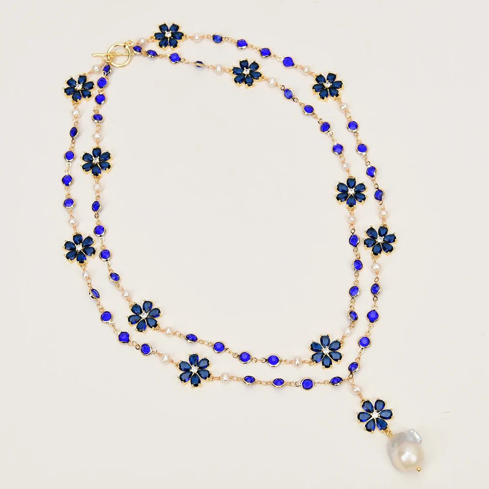 Necklaces2 Rows White Pearl Blue Crystal Flower Necklace - WS JewelleryNatural Stone ColelctionNatural Stone NecklaceNecklace