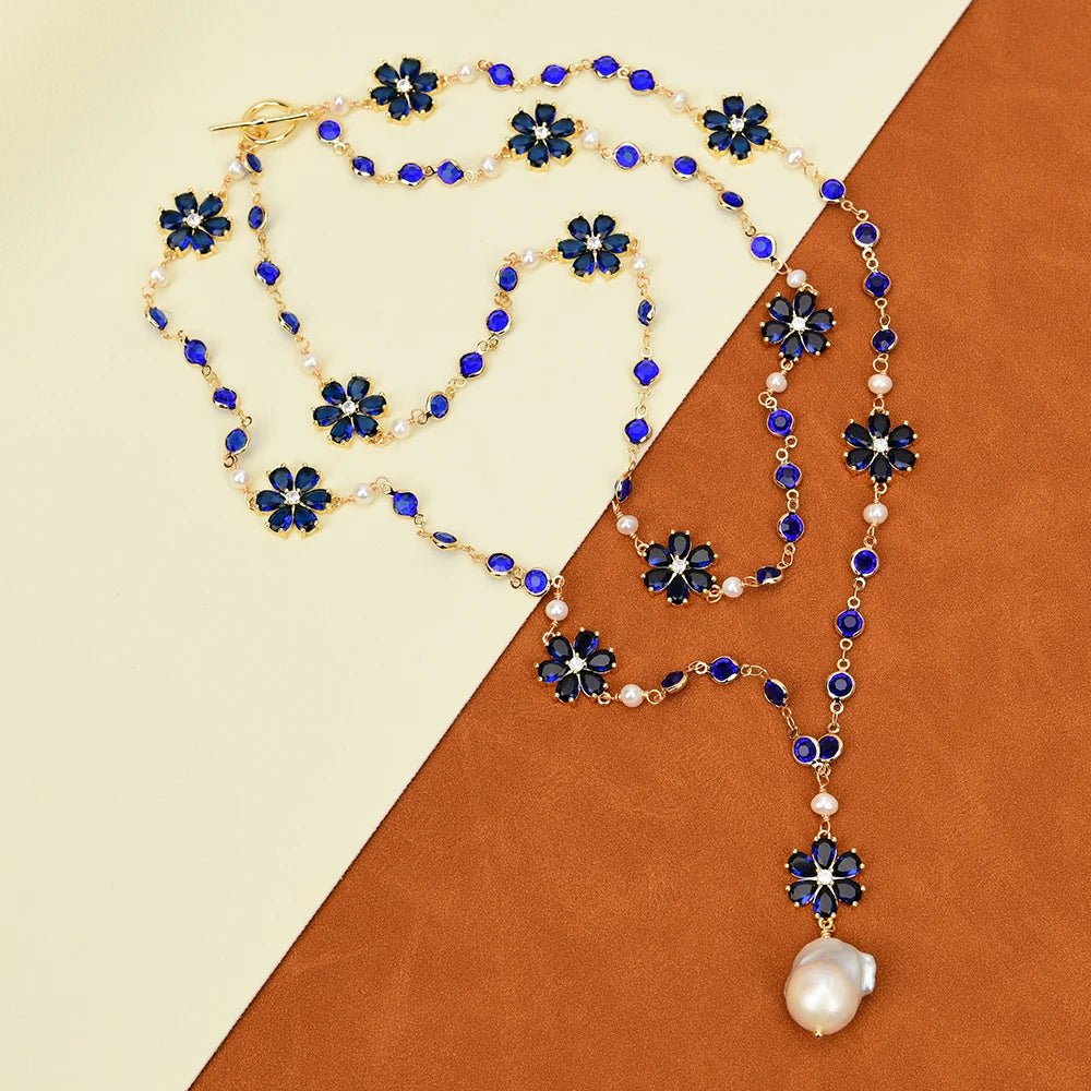 Necklaces2 Rows White Pearl Blue Crystal Flower Necklace - WS JewelleryNatural Stone ColelctionNatural Stone NecklaceNecklace