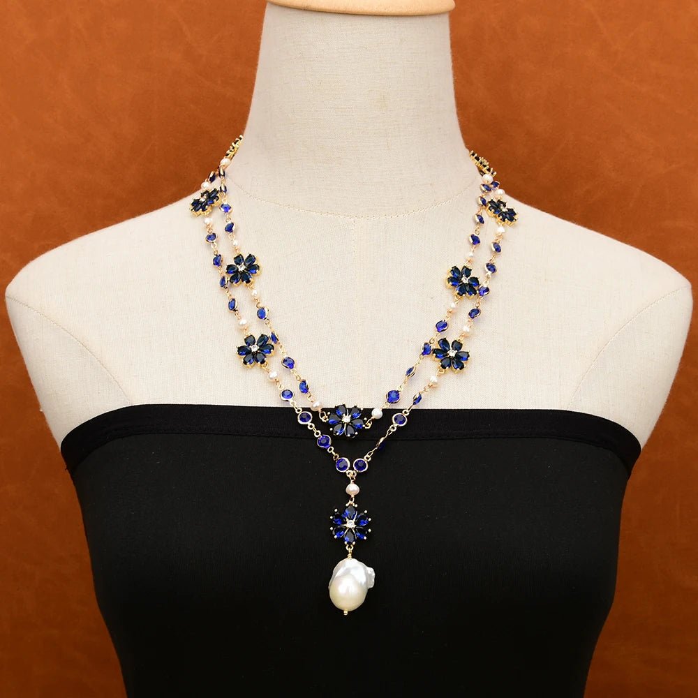 Necklaces2 Rows White Pearl Blue Crystal Flower Necklace - WS JewelleryNatural Stone ColelctionNatural Stone NecklaceNecklace