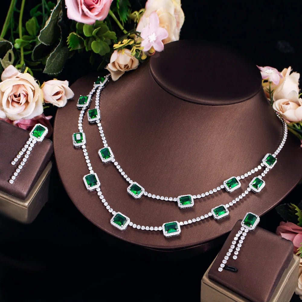 Jewellery Set2Pcs Green Square Double Layered Necklace Earrings Wedding Bridal Jewelry Sets T736 - WS Jewelleryjewellery set