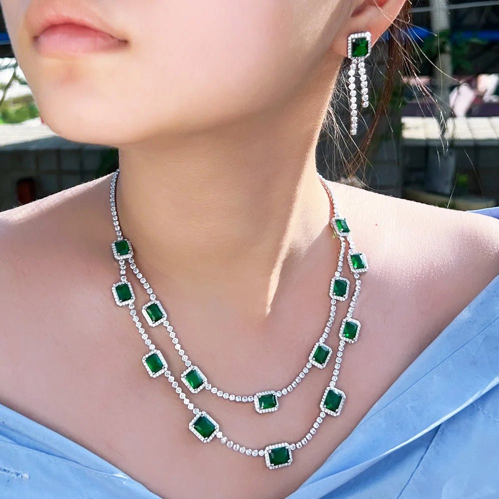 Jewellery Set2Pcs Green Square Double Layered Necklace Earrings Wedding Bridal Jewelry Sets T736 - WS Jewelleryjewellery set