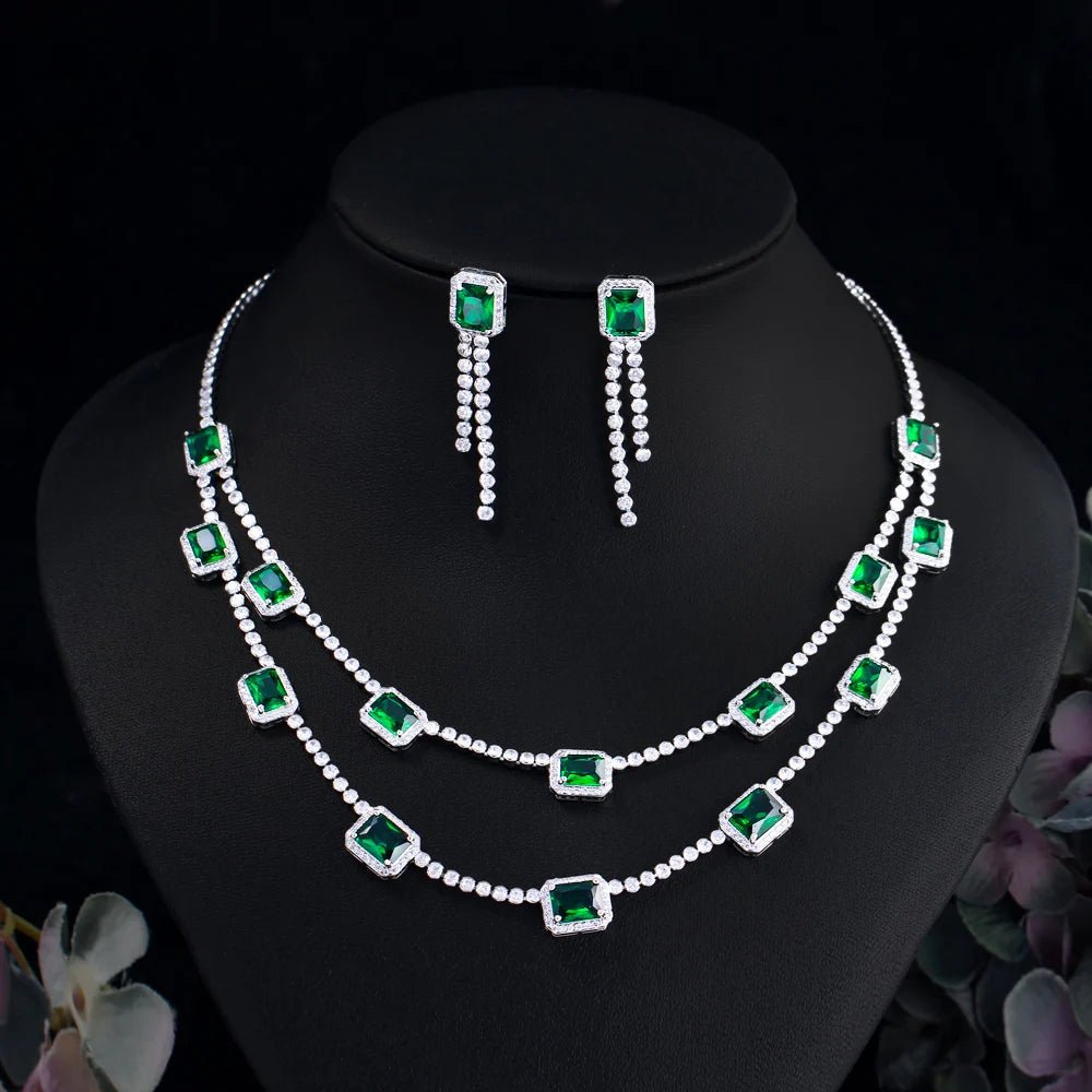 Jewellery Set2Pcs Green Square Double Layered Necklace Earrings Wedding Bridal Jewelry Sets T736 - WS Jewelleryjewellery set