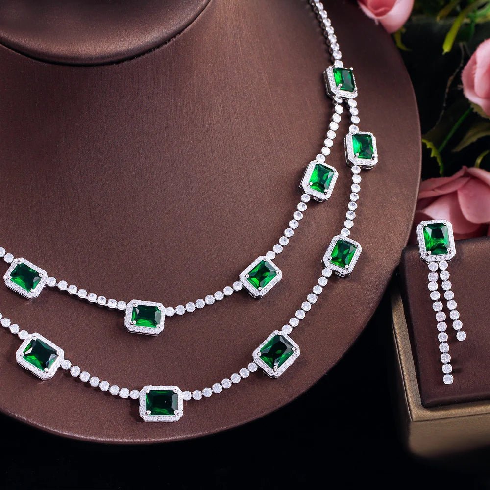 Jewellery Set2Pcs Green Square Double Layered Necklace Earrings Wedding Bridal Jewelry Sets T736 - WS Jewelleryjewellery set