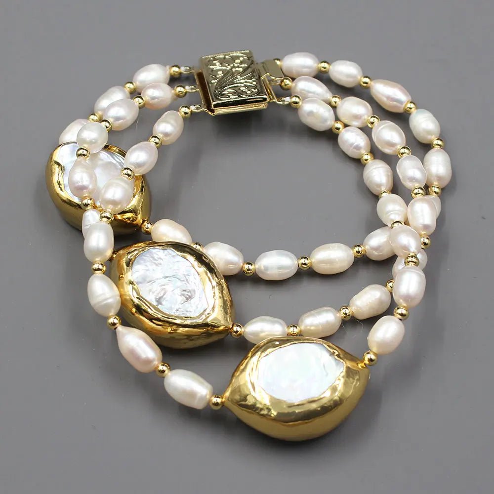 Bracelets3 Rows Freshwater Pearl White Bracelet - WS JewelleryBraceletGold Plated BraceletNatural Stone Bracelet