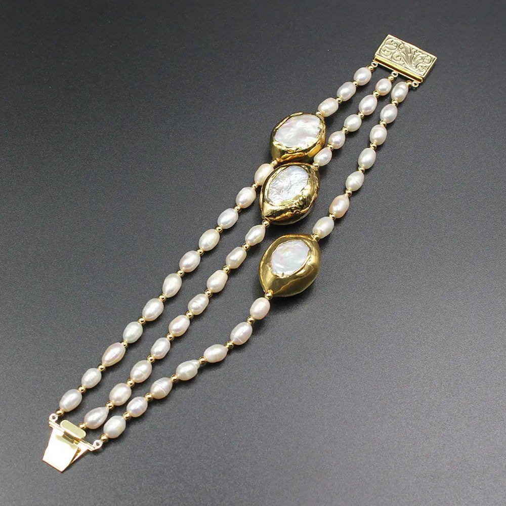 Bracelets3 Rows Freshwater Pearl White Bracelet - WS JewelleryBraceletGold Plated BraceletNatural Stone Bracelet