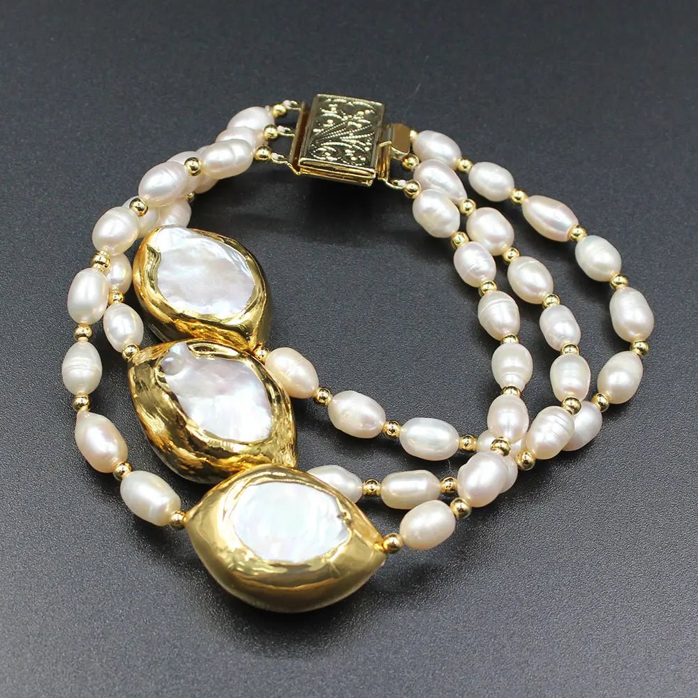 Bracelets3 Rows Freshwater Pearl White Bracelet - WS JewelleryBraceletGold Plated BraceletNatural Stone Bracelet