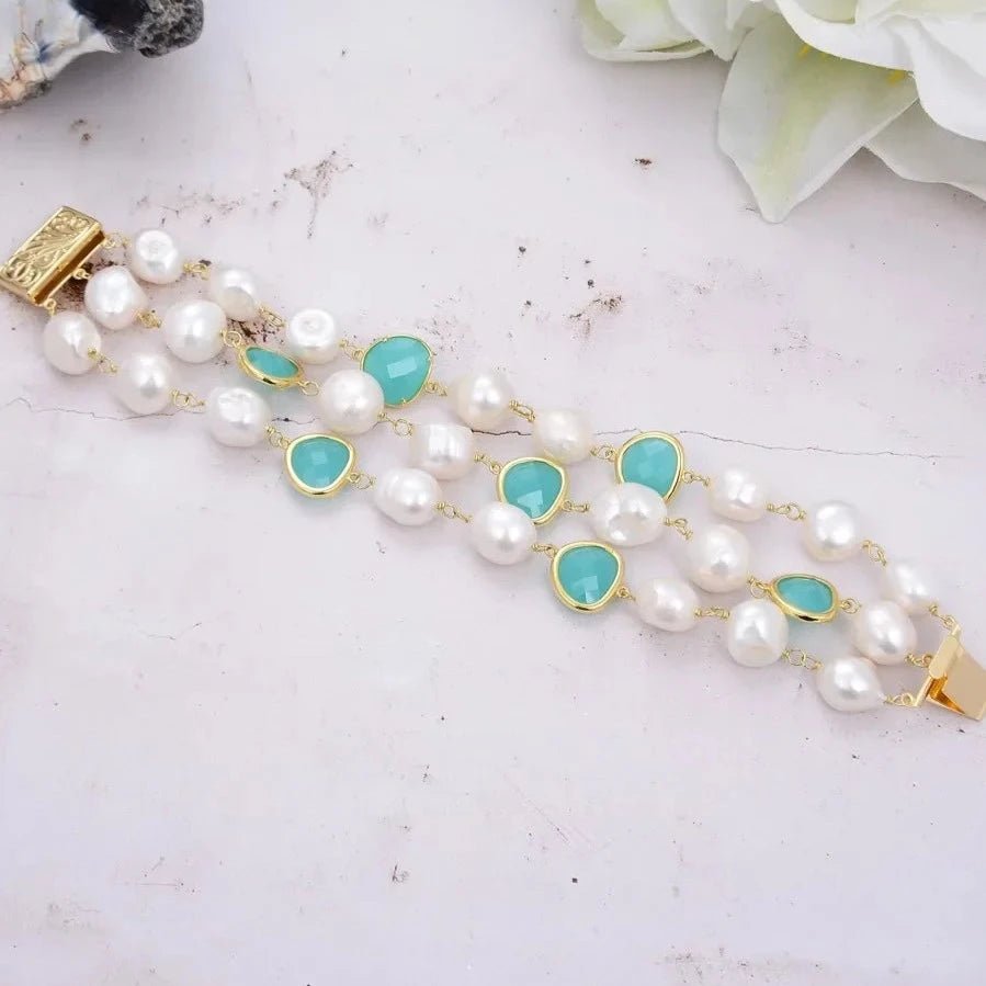 Bracelets3 Rows White Baroque Pearl Green Crystal Bracelet - WS JewelleryBraceletGold Plated BraceletNatural Stone Bracelet