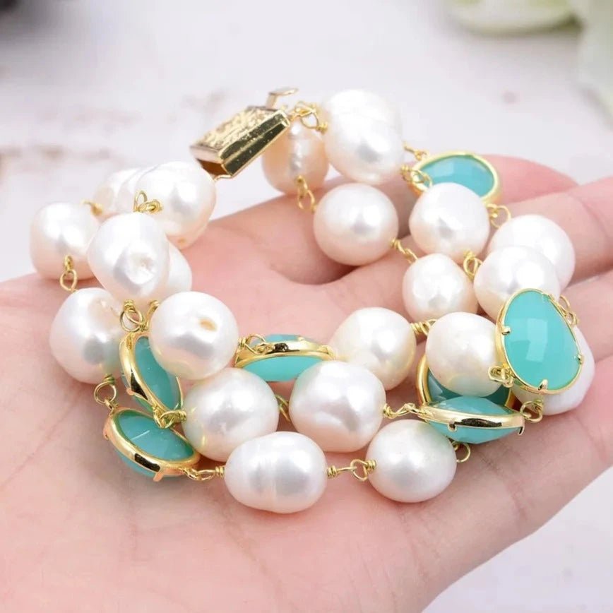 Bracelets3 Rows White Baroque Pearl Green Crystal Bracelet - WS JewelleryBraceletGold Plated BraceletNatural Stone Bracelet