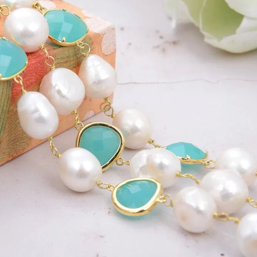 Bracelets3 Rows White Baroque Pearl Green Crystal Bracelet - WS JewelleryBraceletGold Plated BraceletNatural Stone Bracelet
