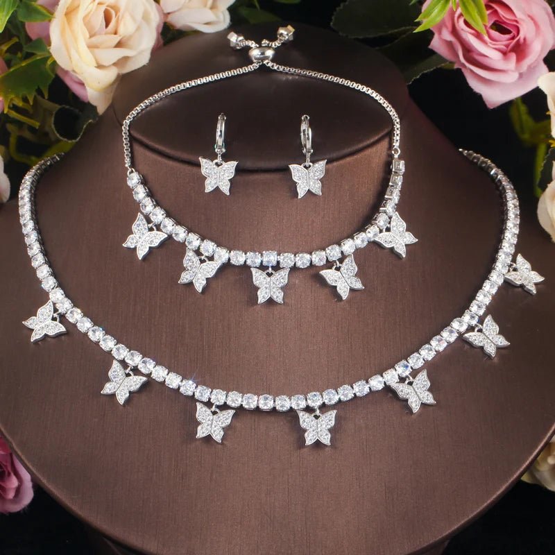 Jewellery Set3pcs Shiny White Butterfly Earring Necklace Bracelet Bridal Jewelry Sets T448 - WS Jewellery