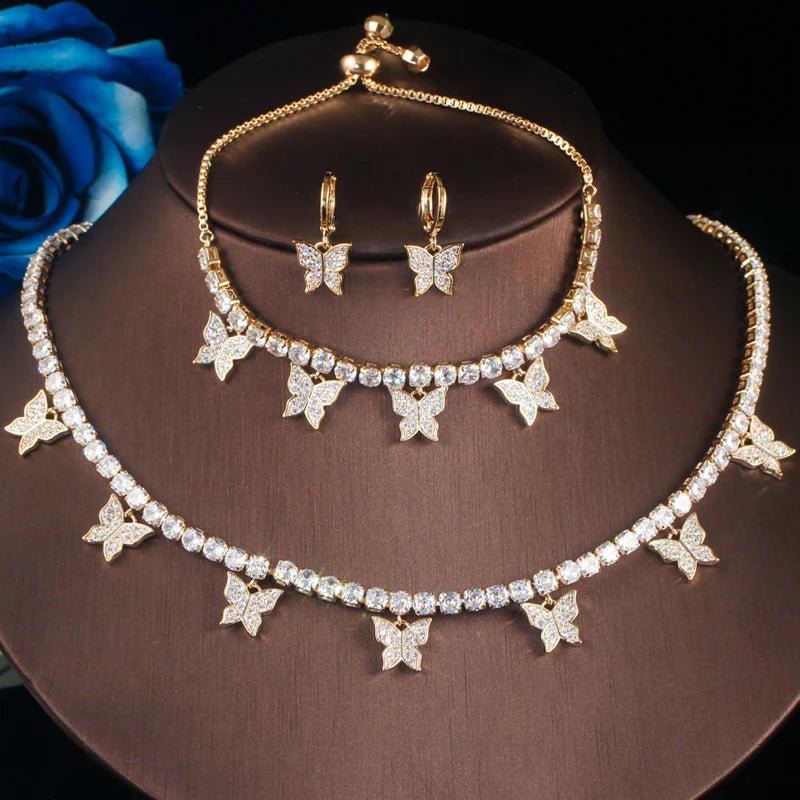 Jewellery Set3pcs Shiny White Butterfly Earring Necklace Bracelet Bridal Jewelry Sets T448 - WS Jewellery
