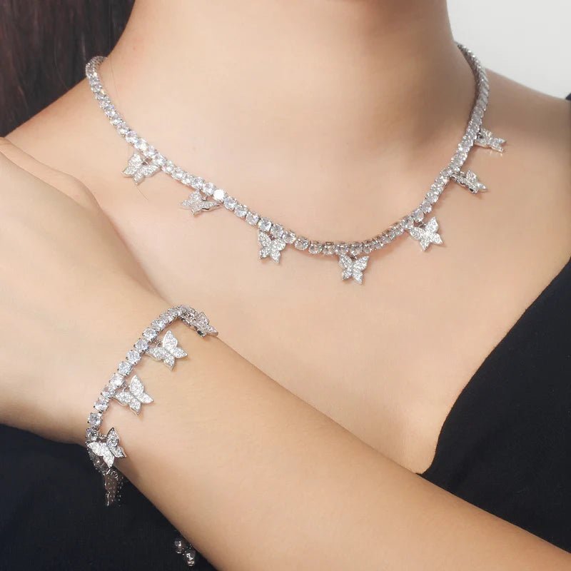 Jewellery Set3pcs Shiny White Butterfly Earring Necklace Bracelet Bridal Jewelry Sets T448 - WS Jewellery