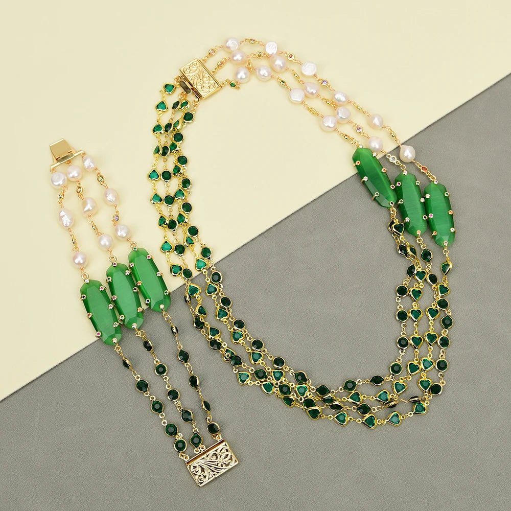 Jewellery Set4 Rows White Pearl Green Crystal Cat Eye CZ Necklace Bracelet Sets - WS JewelleryBraceletGold Plated BraceletNatural Stone Bracelet