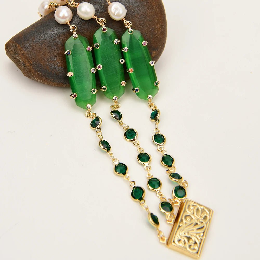 Jewellery Set4 Rows White Pearl Green Crystal Cat Eye CZ Necklace Bracelet Sets - WS JewelleryBraceletGold Plated BraceletNatural Stone Bracelet