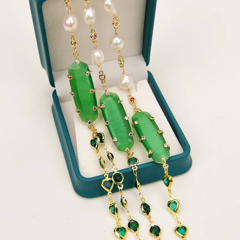 Jewellery Set4 Rows White Pearl Green Crystal Cat Eye CZ Necklace Bracelet Sets - WS JewelleryBraceletGold Plated BraceletNatural Stone Bracelet