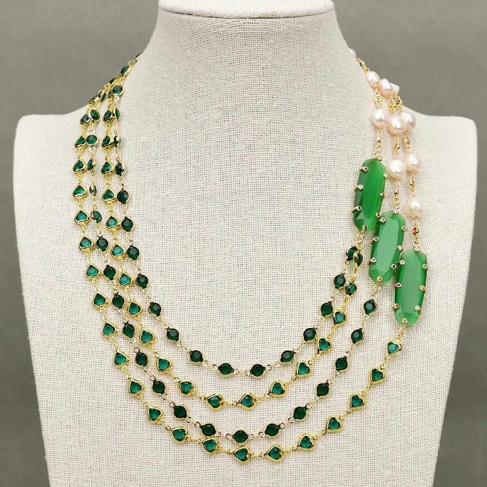 Jewellery Set4 Rows White Pearl Green Crystal Cat Eye CZ Necklace Bracelet Sets - WS JewelleryBraceletGold Plated BraceletNatural Stone Bracelet