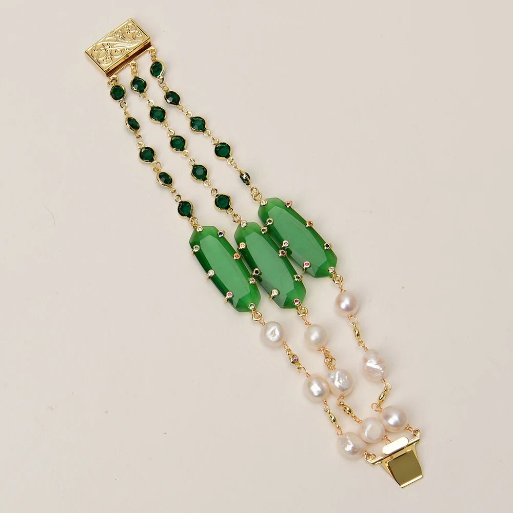 Jewellery Set4 Rows White Pearl Green Crystal Cat Eye CZ Necklace Bracelet Sets - WS JewelleryBraceletGold Plated BraceletNatural Stone Bracelet