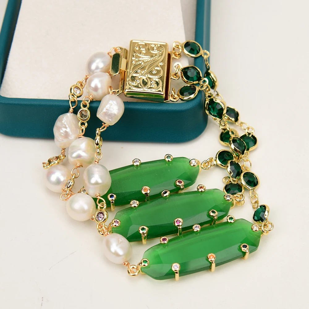 Jewellery Set4 Rows White Pearl Green Crystal Cat Eye CZ Necklace Bracelet Sets - WS JewelleryBraceletGold Plated BraceletNatural Stone Bracelet