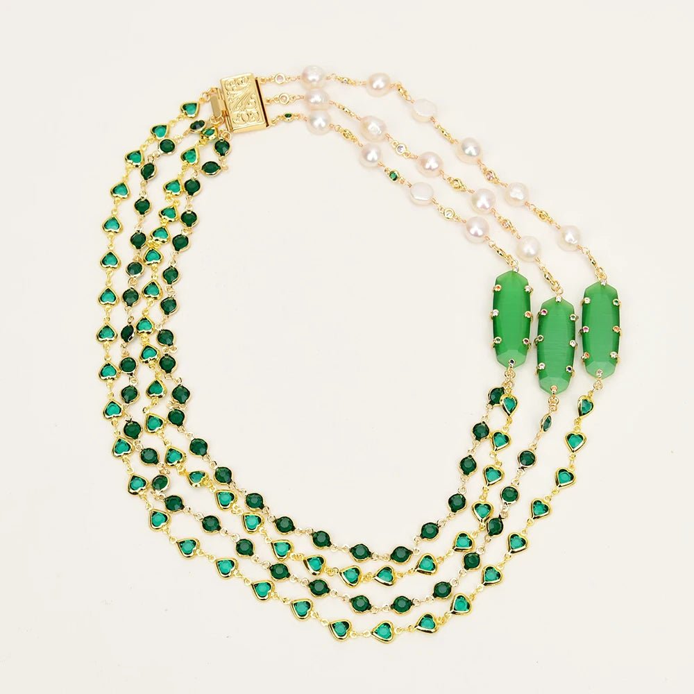 Jewellery Set4 Rows White Pearl Green Crystal Cat Eye CZ Necklace Bracelet Sets - WS JewelleryBraceletGold Plated BraceletNatural Stone Bracelet
