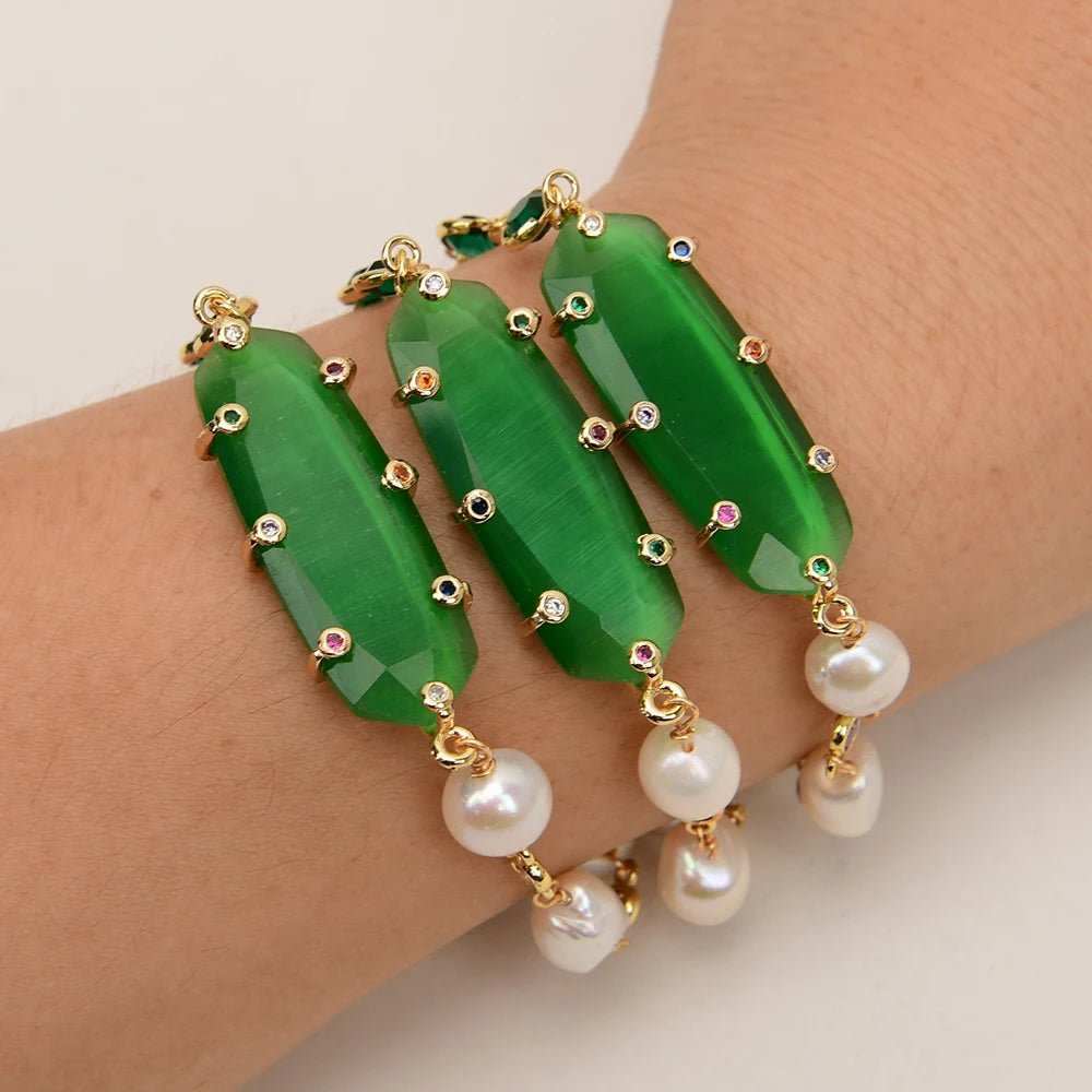 Jewellery Set4 Rows White Pearl Green Crystal Cat Eye CZ Necklace Bracelet Sets - WS JewelleryBraceletGold Plated BraceletNatural Stone Bracelet