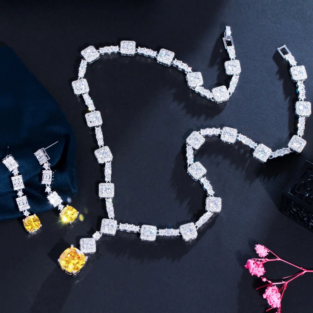 Jewellery SetClassic Square Cut Yellow Bridal Necklace Earrings Jewelry Sets T591 - WS Jewellery