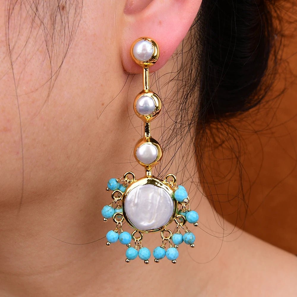 EarringsCoin Pearl Blue Turquoise Beads Dangle Earrings - WS JewelleryEarringNatural Stone Colelction