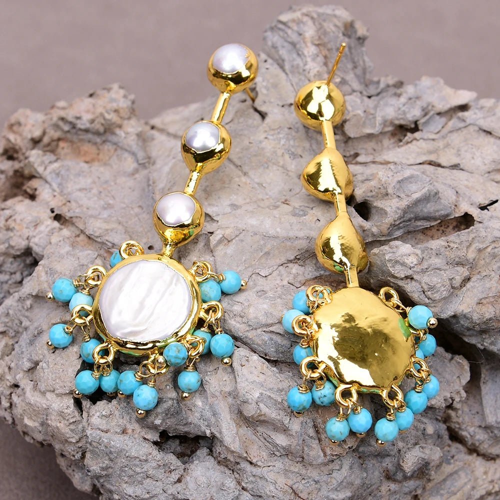 EarringsCoin Pearl Blue Turquoise Beads Dangle Earrings - WS JewelleryEarringNatural Stone Colelction