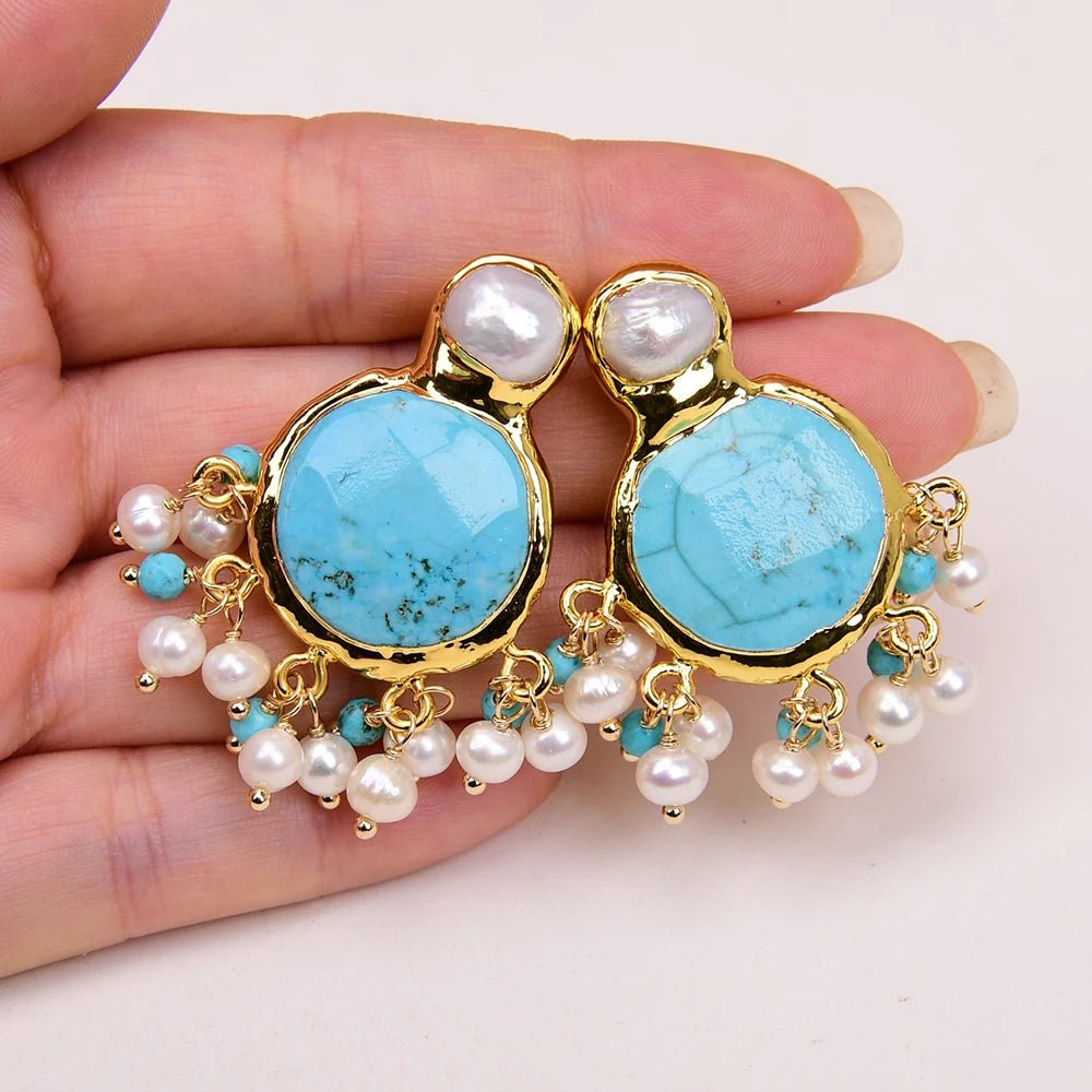 EarringsCultured White Pearl Blue Turquoise Dangle Earrings - WS JewelleryNatural Stone ColelctionPearl Earring