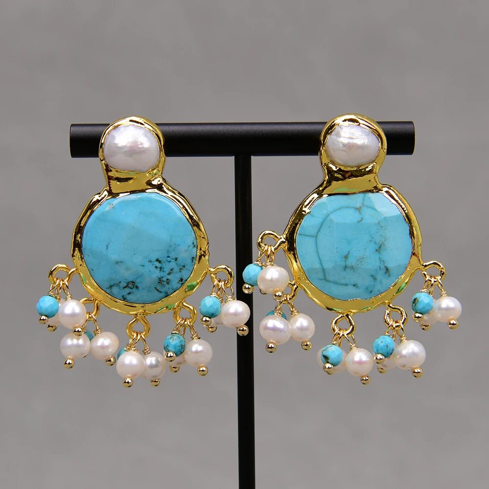 EarringsCultured White Pearl Blue Turquoise Dangle Earrings - WS JewelleryNatural Stone ColelctionPearl Earring