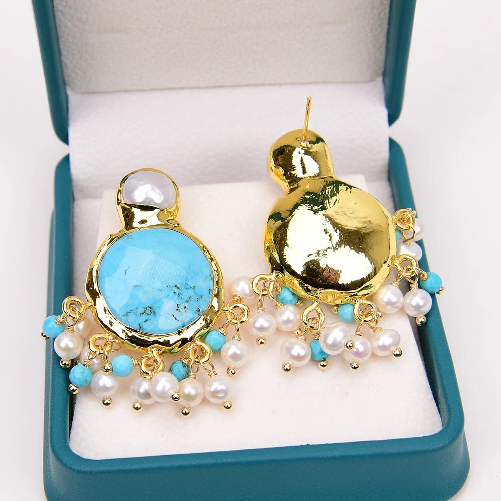 EarringsCultured White Pearl Blue Turquoise Dangle Earrings - WS JewelleryNatural Stone ColelctionPearl Earring