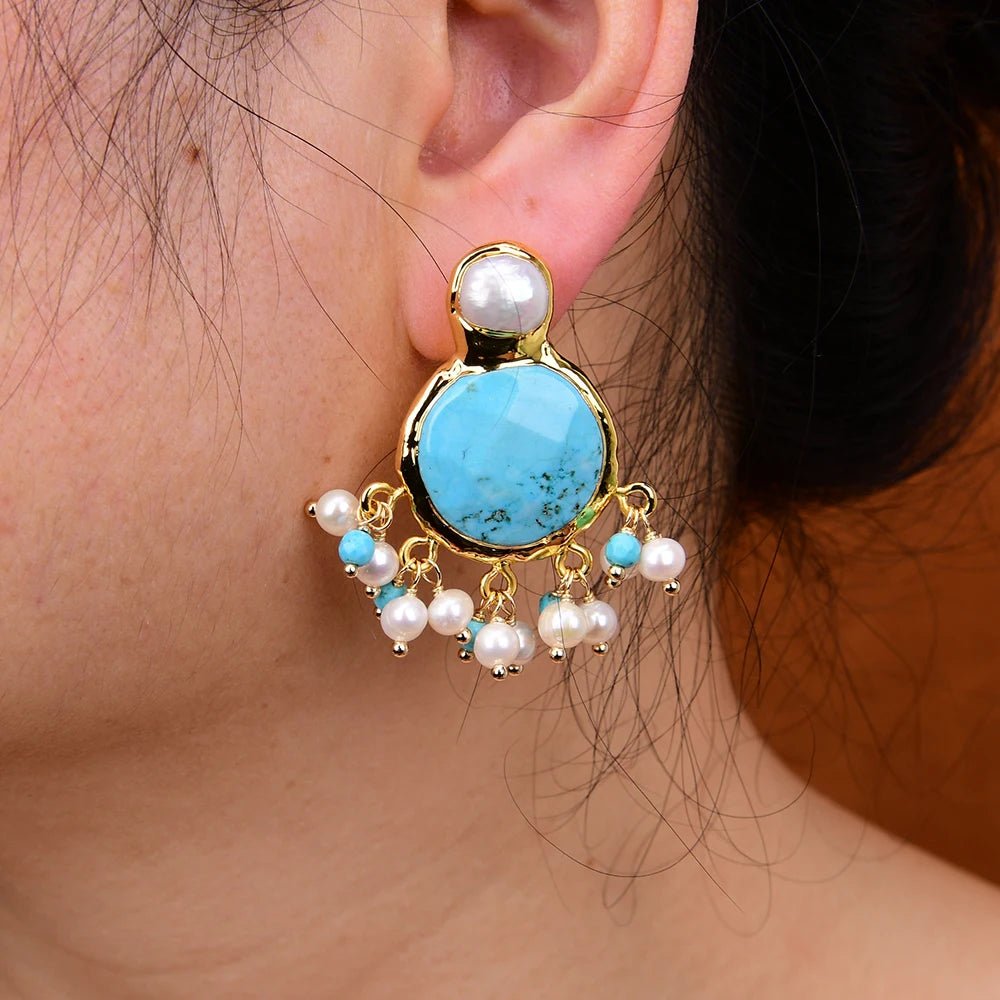 EarringsCultured White Pearl Blue Turquoise Dangle Earrings - WS JewelleryNatural Stone ColelctionPearl Earring