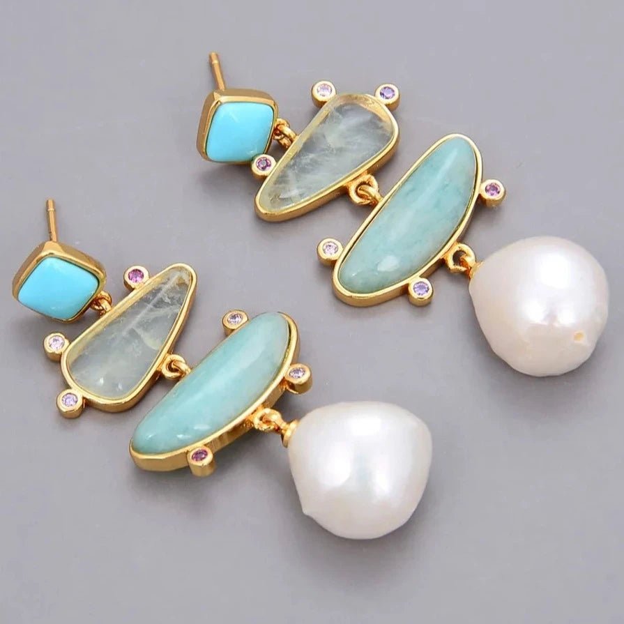 EarringsFreshwater Pearl Blue Turquoise Green Amazonite Stud Earrings - WS JewelleryNatural Stone ColelctionNatural Stone EarringPearl Earring