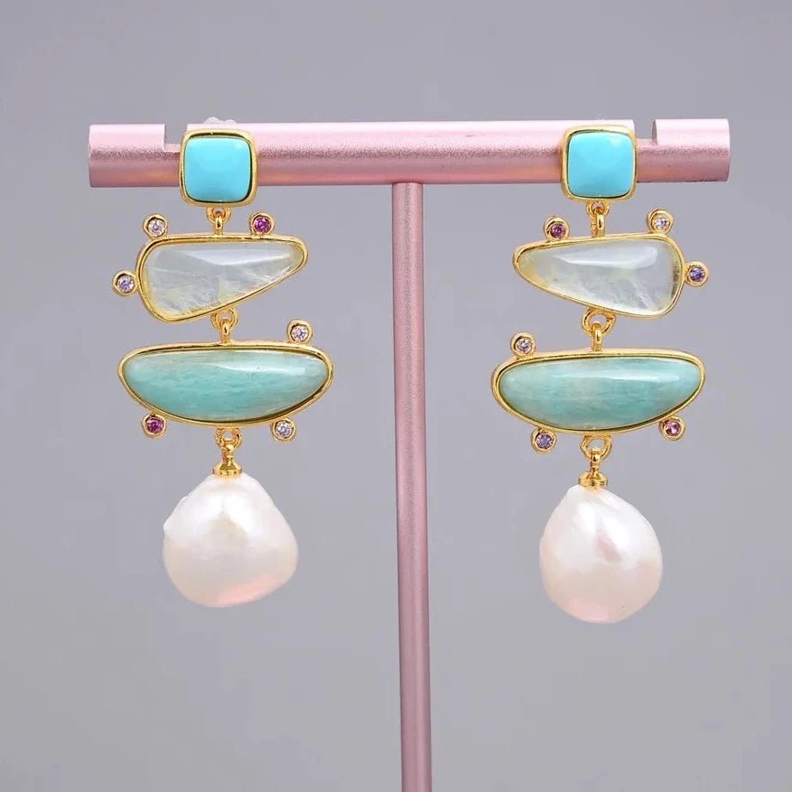 EarringsFreshwater Pearl Blue Turquoise Green Amazonite Stud Earrings - WS JewelleryNatural Stone ColelctionNatural Stone EarringPearl Earring