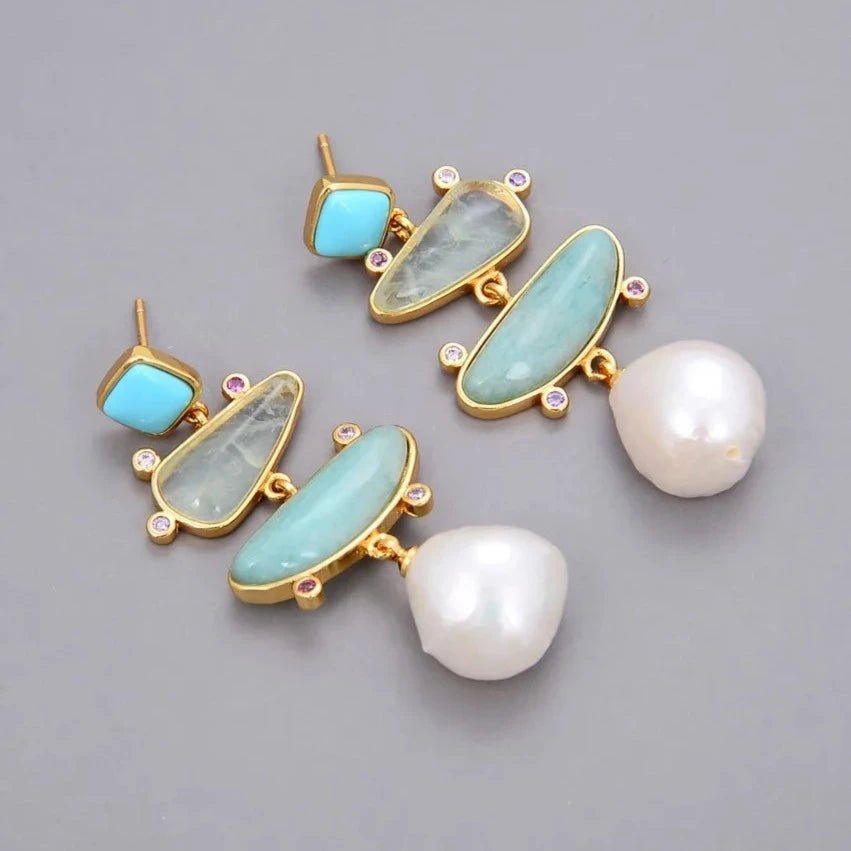 EarringsFreshwater Pearl Blue Turquoise Green Amazonite Stud Earrings - WS JewelleryNatural Stone ColelctionNatural Stone EarringPearl Earring