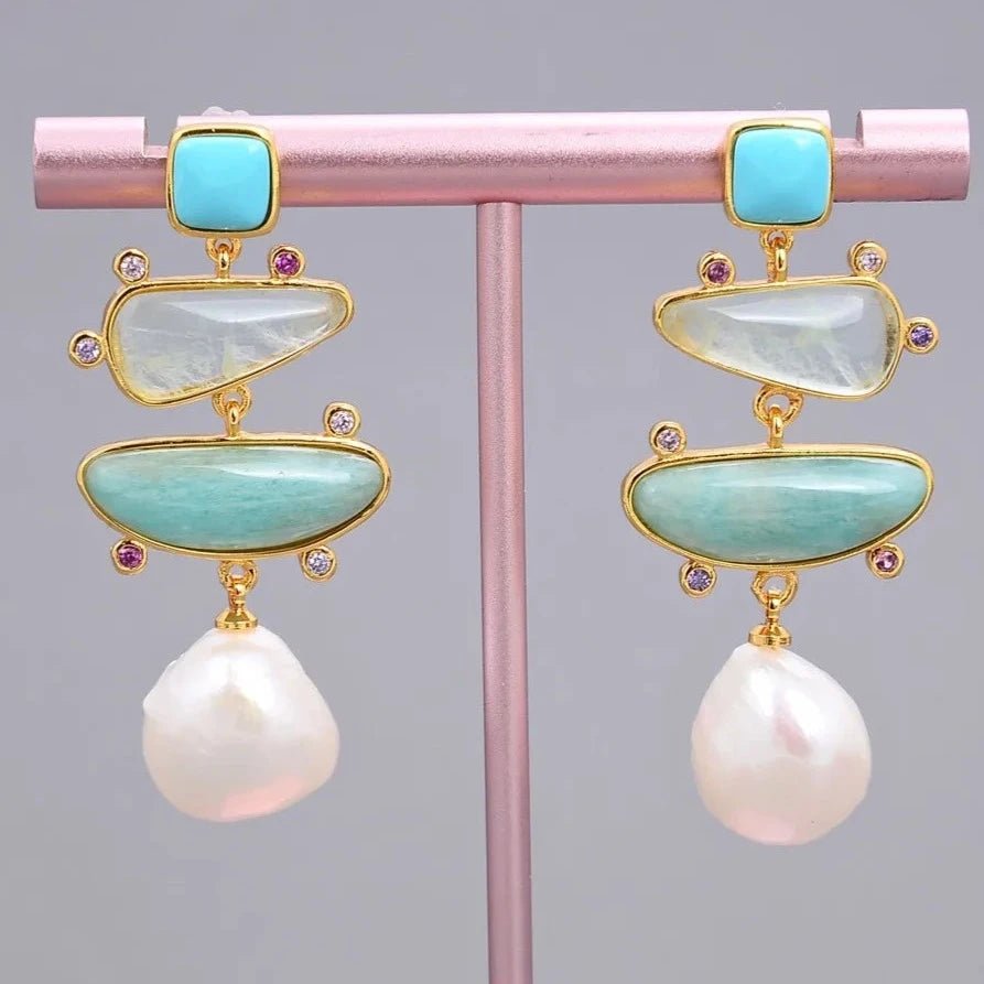 EarringsFreshwater Pearl Blue Turquoise Green Amazonite Stud Earrings - WS JewelleryNatural Stone ColelctionNatural Stone EarringPearl Earring