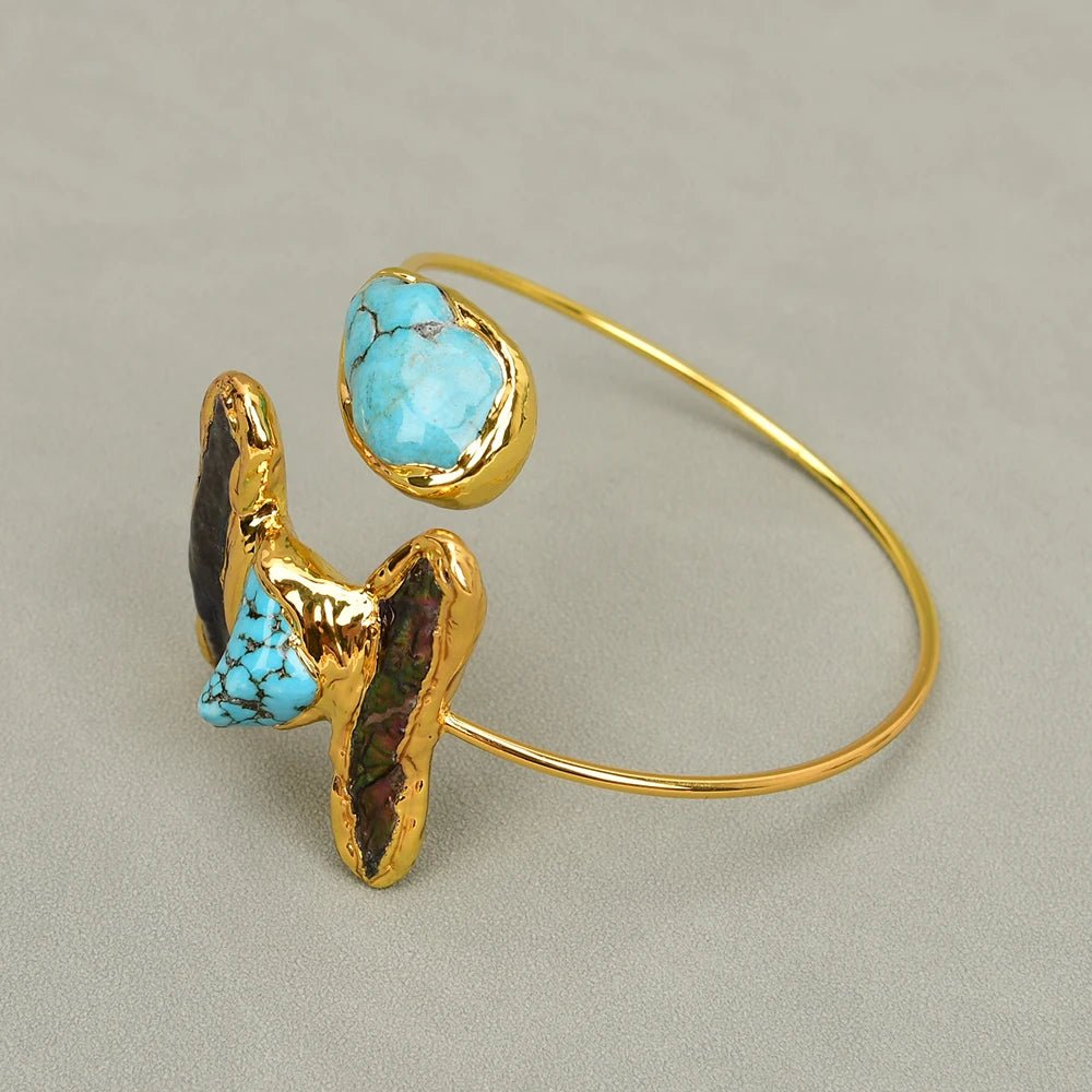 RingsGold Plated Black Pearl Blue Turquoise Bangle Open Bracelet - WS JewelleryBraceletGold Plated BraceletNatural Stone Bracelet
